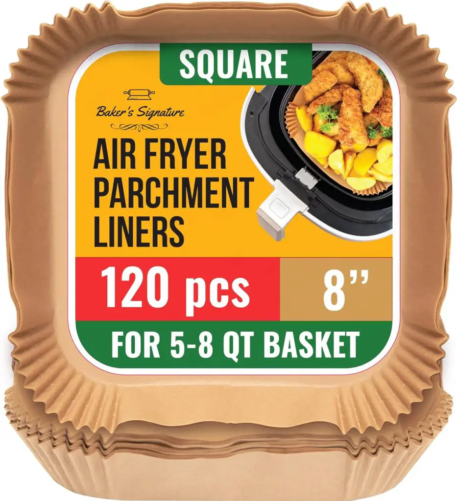 Air Fryer Liners, 120Pcs Disposable Airfryer Parchment Paper Liners – Non-Stick and Oil Proof for Easy Cleanup – 8” Square for 5-8 qt Basket by Bakers Signature
