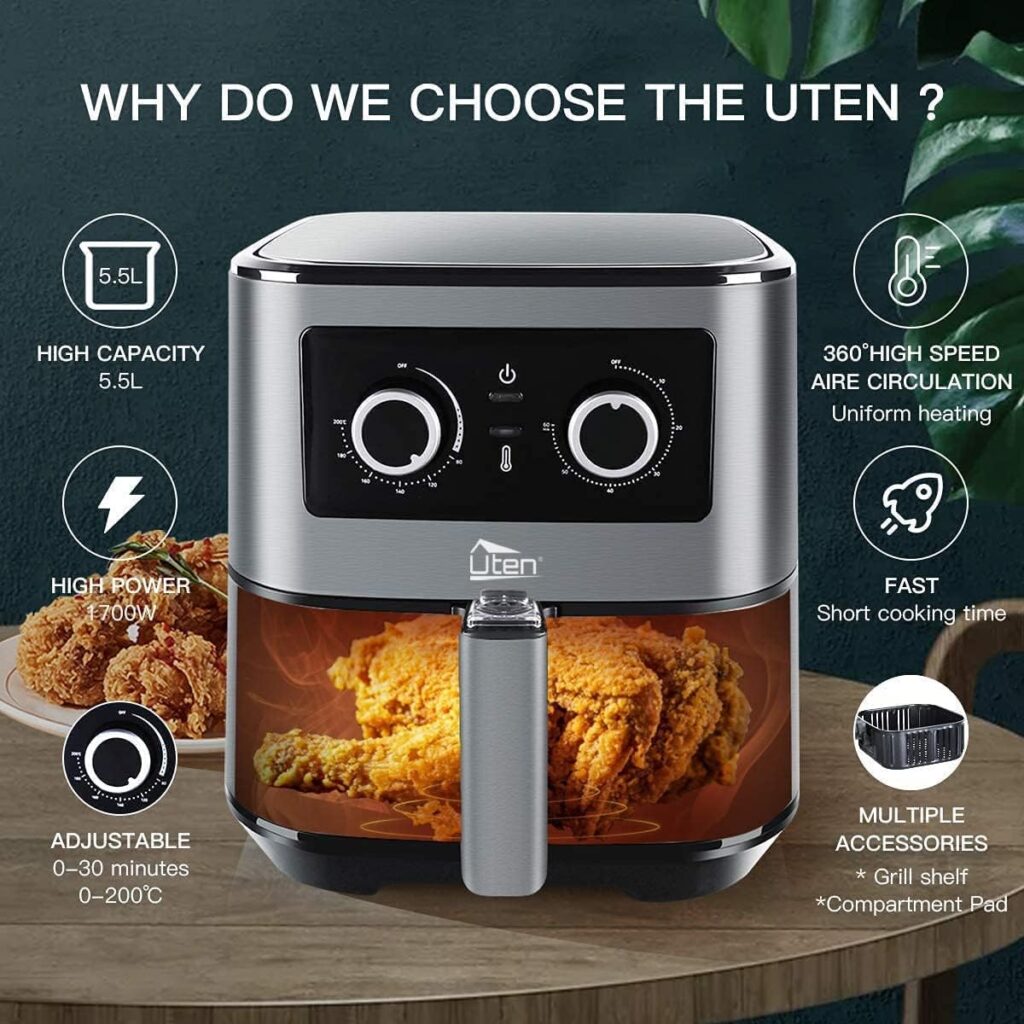 Air Fryer Oven, Uten 5.5L Air Fryers Home Use 1700W with Rapid Air Technology for Healthy Oil Free  Low Fat Cooking, Baking and Grilling with Recipe