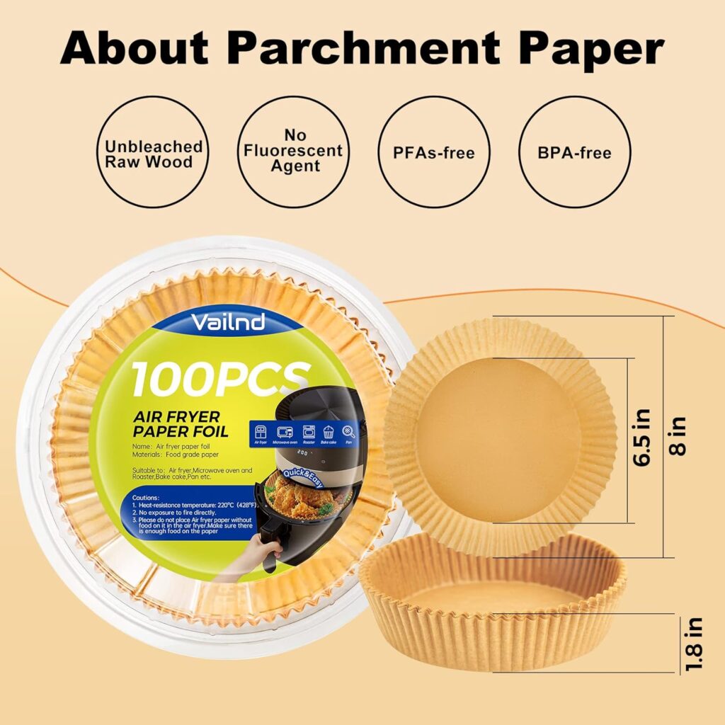 Air Fryer Paper Liners,125Pcs Parchment Paper, Air Fryer Disposable Paper Liner for Microwave, Non-Stick Air Fryer Liners Square Free of Bleach (8IN)