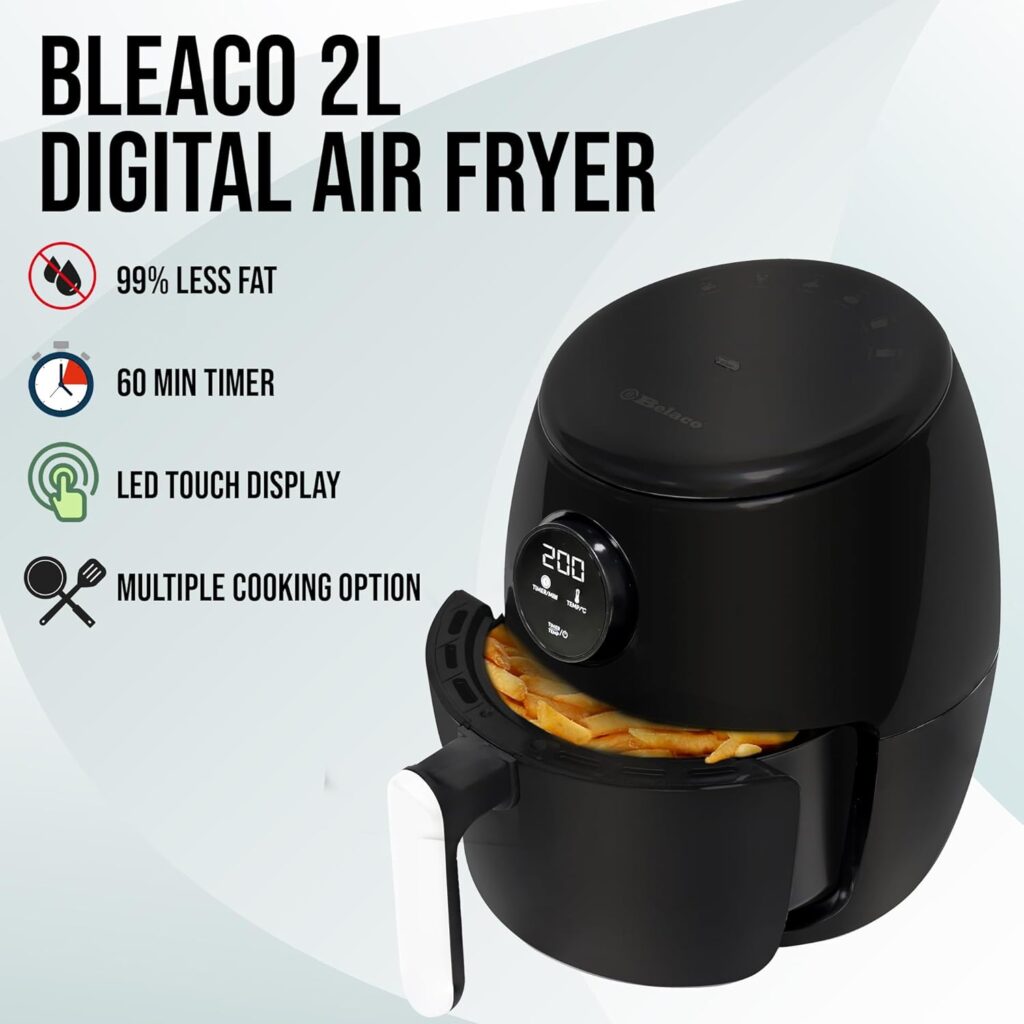 Belaco Air Fryer, 2L Digital Display, Rapid Air Circulation, Air Fryers, 60 Min Timer, Adjustable Temperature, Dishwasher Safe Basket BEL-AF-02