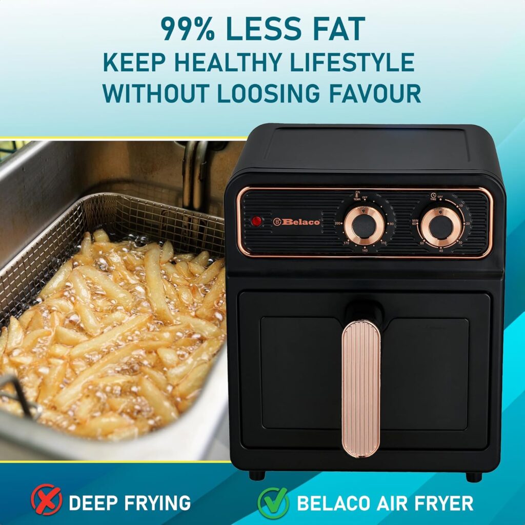 Belaco Air Fryers, 6L Oil free Air Fryer, 1700w with Rapid Air Circulation for Healthy  Fast Cooking, 60 Min Timer, No stick, Adjustable Temperature, Dishwasher Safe BEL-AF-01