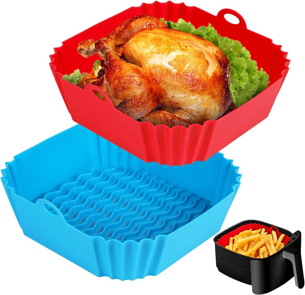 Boribim 2 PCS Square Silicone Air Fryer Liners - 8 Inch Reusable Air Fryer Pot - Air Fryer Accessories - Air Fryer Inserts for 4 to 7 QT for Oven Microwave Accessories (Red + Blue)