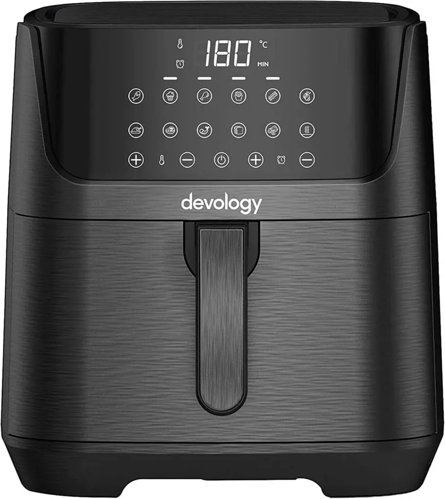 Devology Digital 6.5L Air Fryer Non Stick -50 Recipe Cookbook- 12 Pre-Set Programs - Oil-free cooking - Compact Family Air Fryer Home - 60 Minute Timer - Portable Kitchen Appliance - Dish Washer Safe