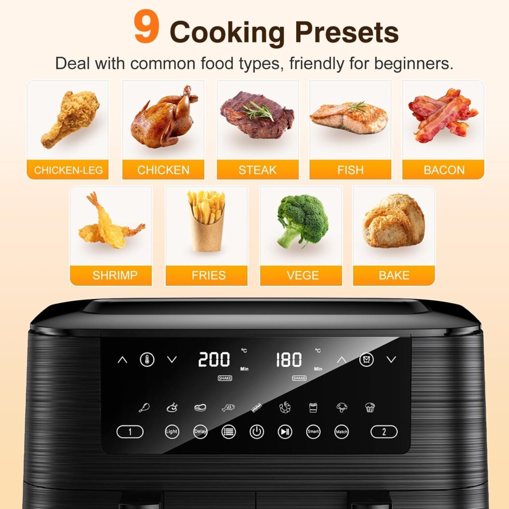 Dual Air Fryer with Visual Window, 9L XL Capacity, 2 Drawers, 9-In-1 Cooking Presets, Touch Screen, Smart Finish, Timer Function, Dishwasher-Safe, Healthy Oil Free  Low Fat Cooking