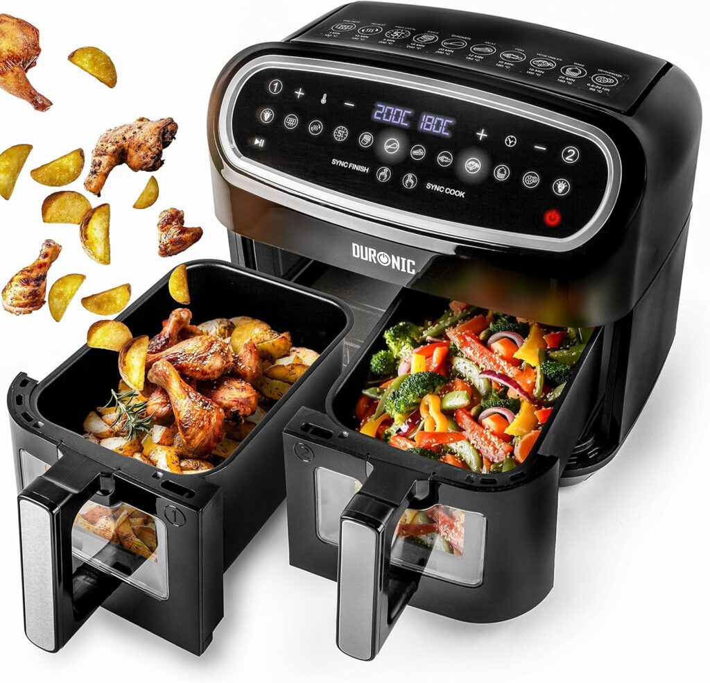 Duronic Air Fryer AF24, 9L Large Dual Zone Family Sized Cooker, Double Basket Frying Drawer, Sync Cook and Sync Finish, 10 Pre-Set Cooking Programs, Digital Touch Control, Fast Healthy Oil Free Frying