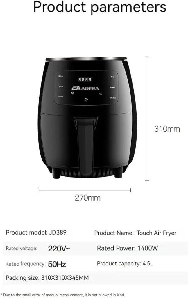 EA ARENA Air Fryer 4.5L, Oil Free Air Fryer Oven with Nonstick Removable Basket, 4Presets, One-Touch Digital Screen, Rapid Air Circulation, Keep Warming, 6Hours Timing, Dishwasher Safe, Black, 1400W