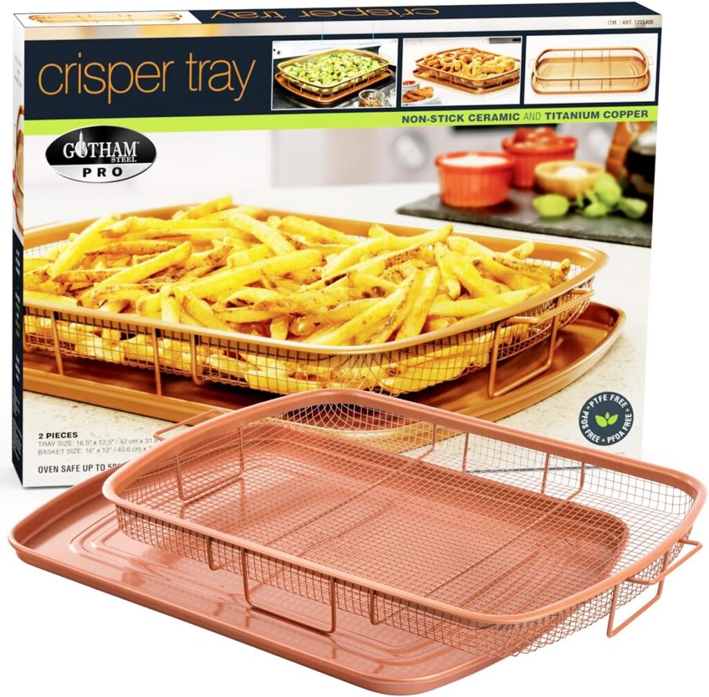 Gotham Steel Air Fryer Tray, 2 Piece Nonstick Copper Crisper Air Fry Basket For Convection Oven, Also Great For Baking  Crispy Foods, Dishwasher Safe – Large, 12.5” x 9”