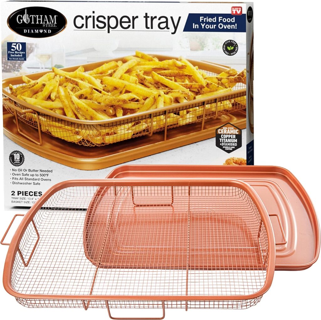Gotham Steel Air Fryer Tray, 2 Piece Nonstick Copper Crisper Air Fry Basket For Convection Oven, Also Great For Baking  Crispy Foods, Dishwasher Safe – Large, 12.5” x 9”