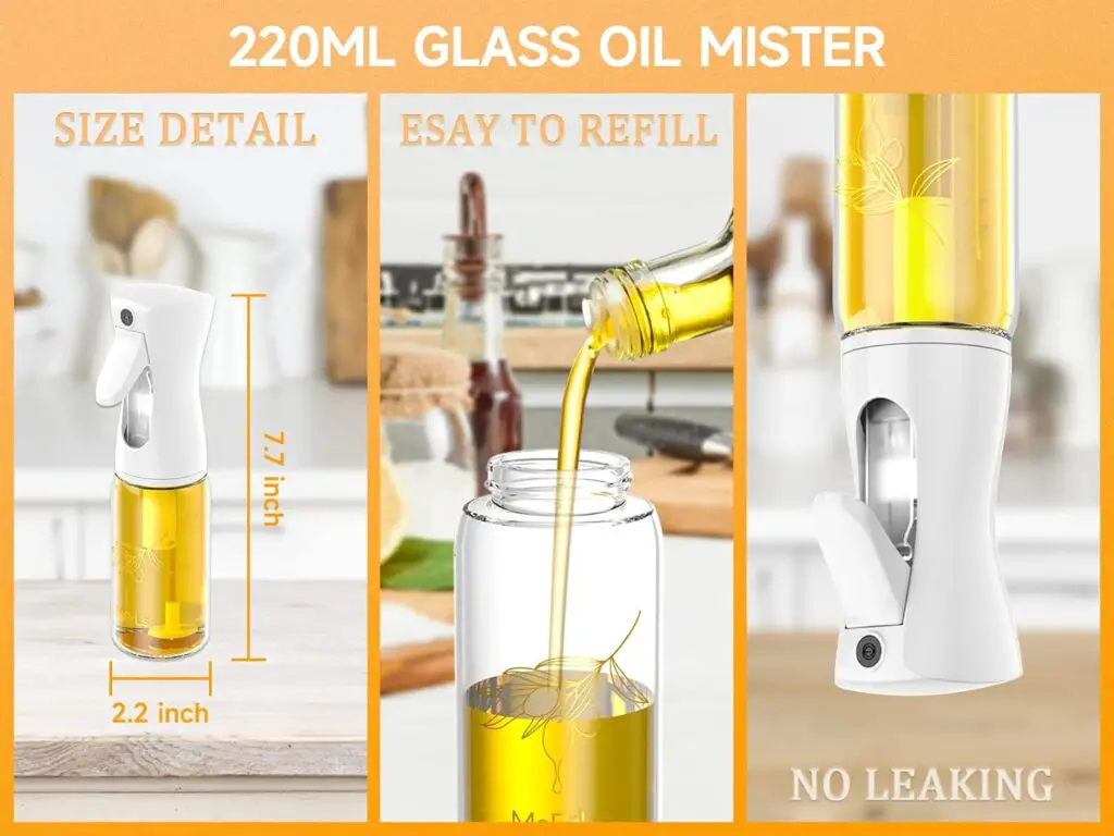 Oil Sprayer for Cooking | Glass Olive Oil Sprayer Mister | Kitchen Gadgets Accessories for Air Fryer | Continuous Spray with Control - Save Oil | Baking, Frying, BBQ | Capacity: 220ML/7.4 oz | White