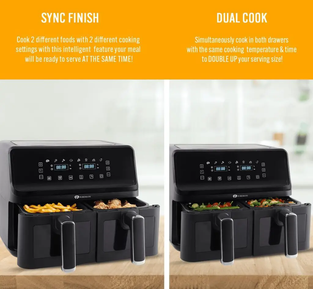 PureMate 8L Dual Air Fryer with Digital Display, Healthy Oil Free 2500W Air Fryer with 8 Preset, LED One Touch Screen, Timer  Adjustable Temperature Control (Black - 8L(4L+4L) Dual Basket)