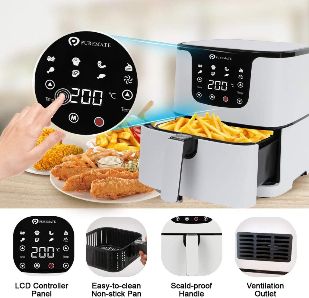 PureMate 8L Dual Air Fryer with Digital Display, Healthy Oil Free 2500W Air Fryer with 8 Preset, LED One Touch Screen, Timer  Adjustable Temperature Control (Black - 8L(4L+4L) Dual Basket)
