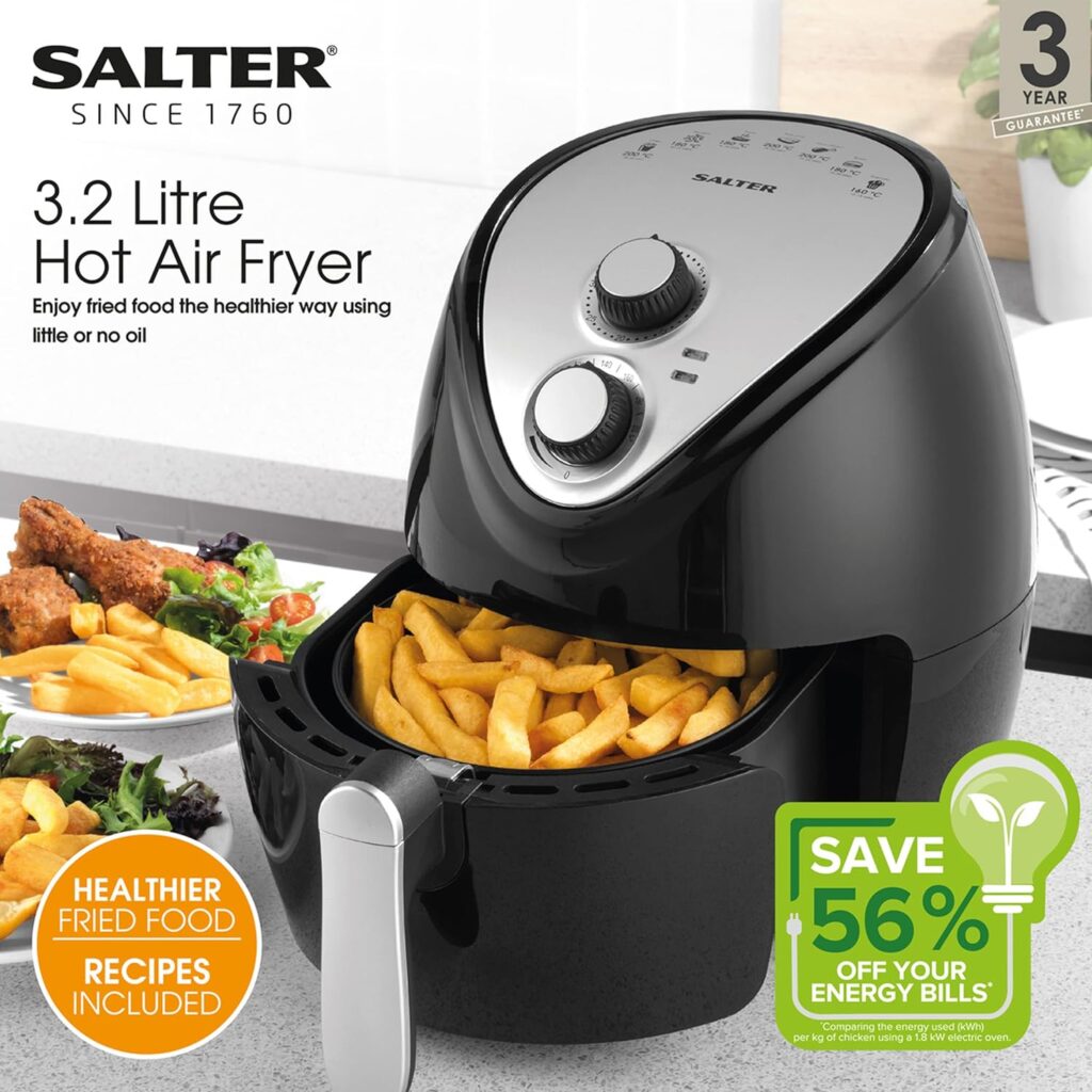 Salter EK2818 3.2L Air Fryer - Hot Air Circulation, Removable Non-Stick Basket, Temperature Up To 200°C, 7 Presets, Single Person, Small Household  Student Oven, 30 Minute Timer, 1300W, Black