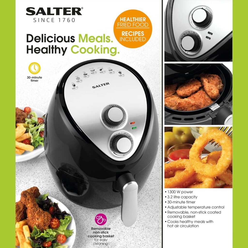Salter EK2818 3.2L Air Fryer - Hot Air Circulation, Removable Non-Stick Basket, Temperature Up To 200°C, 7 Presets, Single Person, Small Household  Student Oven, 30 Minute Timer, 1300W, Black
