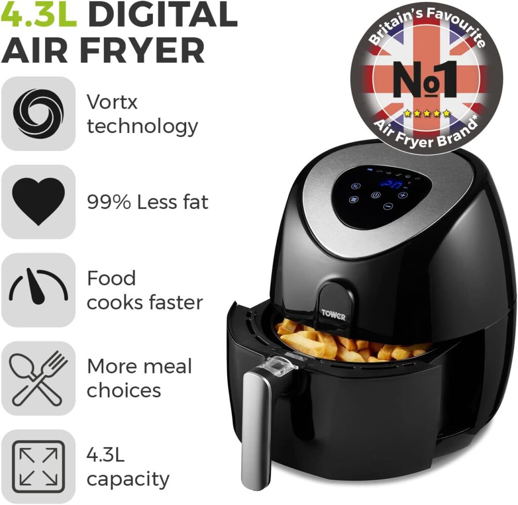Tower Vortx T17024 Digital Air Fryer Oven with Rapid Air Circulation and 60 Min Timer, 4.3 Litre, Black