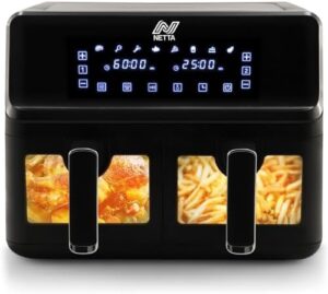 Read more about the article NETTA 8L Dual Basket Low Energy Air Fryer with Digital Smart Programmes – 2 Large Drawers, 8 Pre-Set Functions, 60 Minute Timer, XL Family Size Drawer – Black