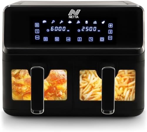 You are currently viewing NETTA 8L Dual Basket Low Energy Air Fryer with Digital Smart Programmes – 2 Large Drawers, 8 Pre-Set Functions, 60 Minute Timer, XL Family Size Drawer – Black