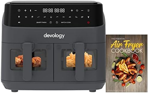 You are currently viewing Devology Double Air Fryer – 9L – 2 x 4.5L Independent Cooking Zones With Light Up Glass Front – Free 50 Recipe Cookbook- 10 Cooking Programs – Digital LED Display – Healthy Oil-free Fryer – Portable